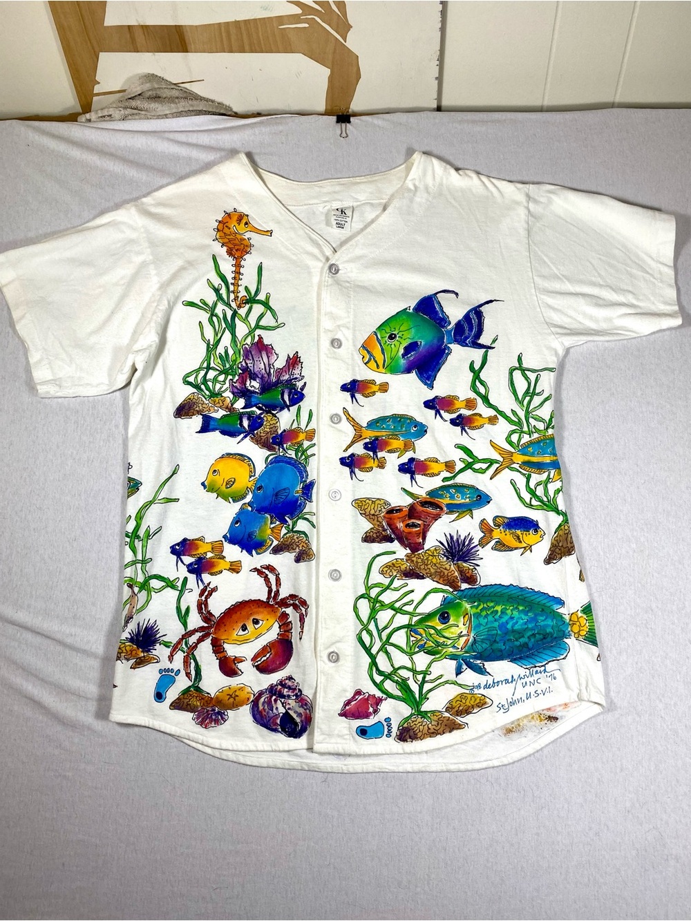 Vintage Deborah Willard Hand-Painted Ocean Reef Shirt • St. John USVI • L